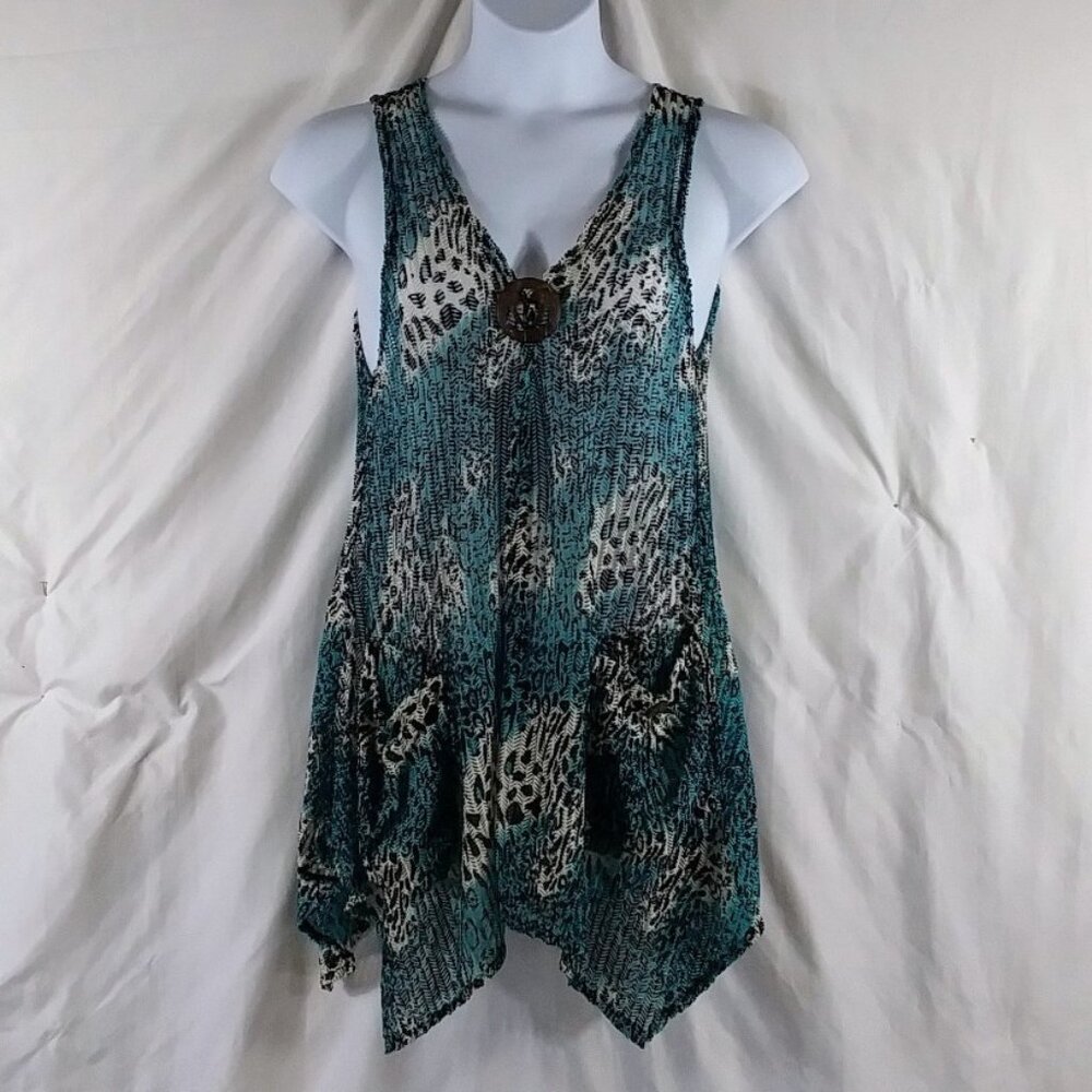 Rima Women's Blue Leopard Sleeveless Silky Sheer Asymmetric Top Size XL